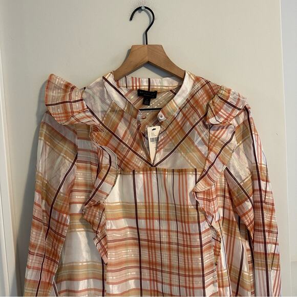 NWT Anthropologie Current Air Cream Pink Plaid Blouse Small